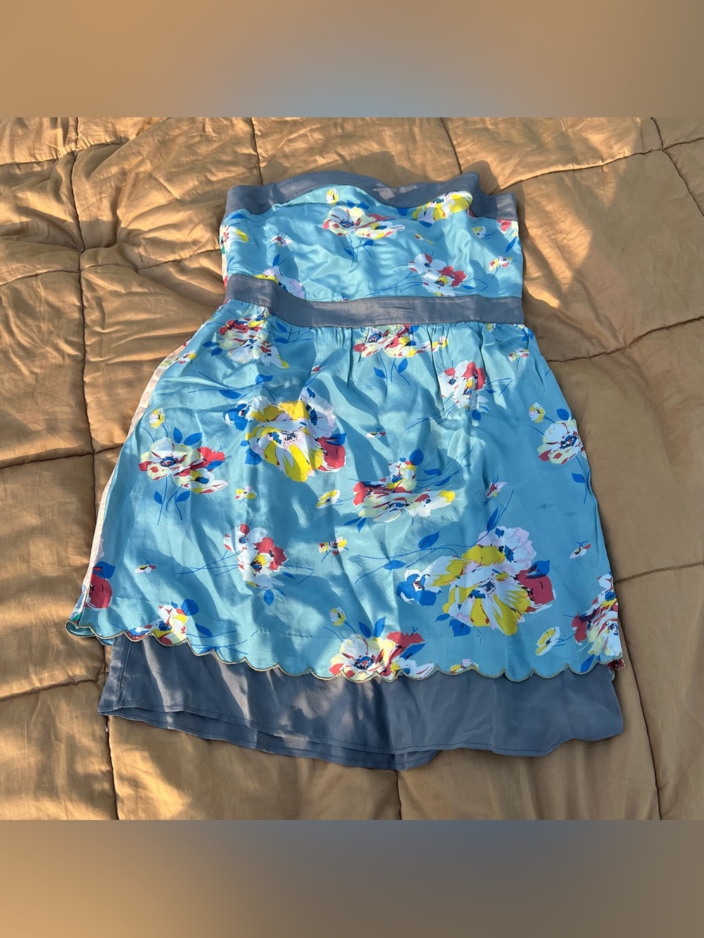 NWT Let Me Be Strapless Blue Floral Silk Delicate Sundress Scalloped Hem Size M